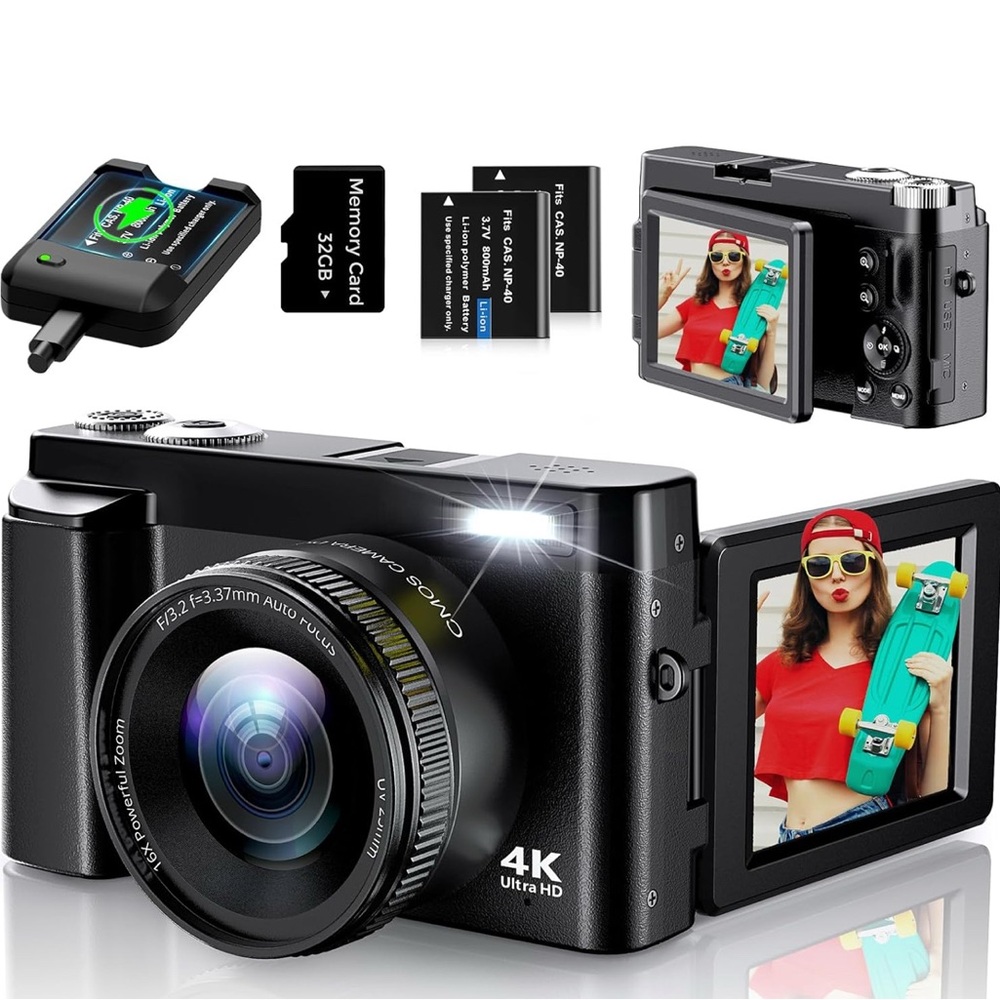 Black 4K Digital Camera with Wide-Angle Lens and Flip-Up LCD